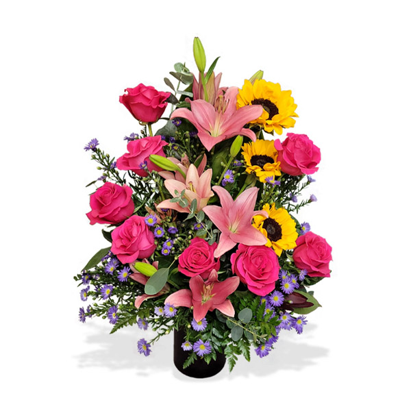 This arrangement features vibrant fuchsia, yellow, and pink colors that bring joy and brighten any day