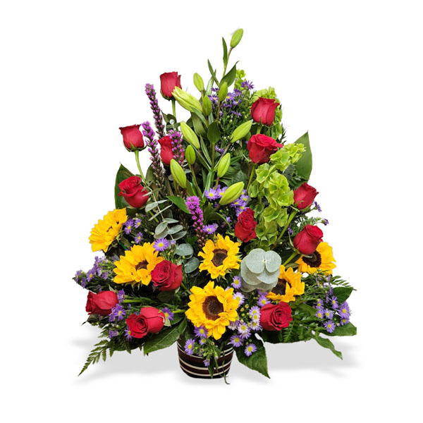 A beautiful one-sided arrangement with vibrant colors, evoking thoughts of someone special